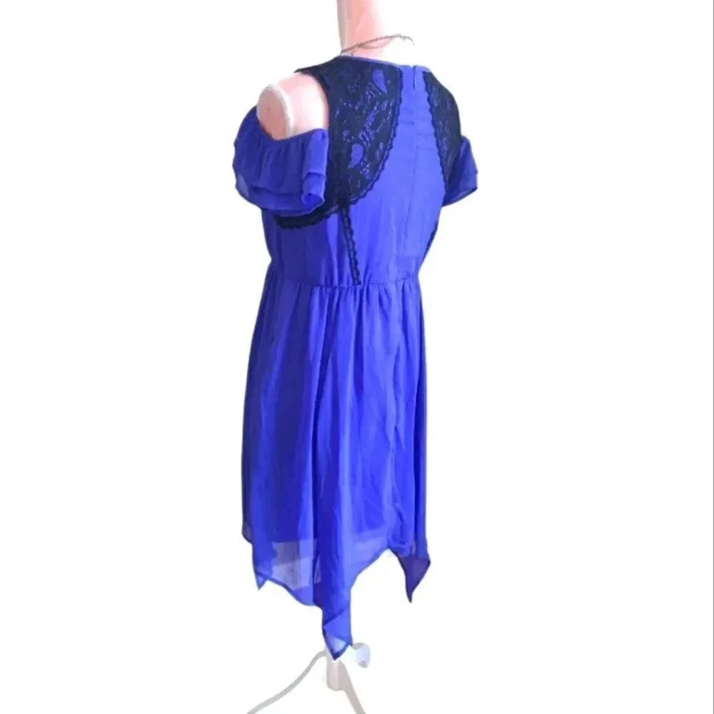 Disney D-Signed Girls Blue Lace Cold Shoulder Handkerchief Hem Dress SZ L‎ 14/16